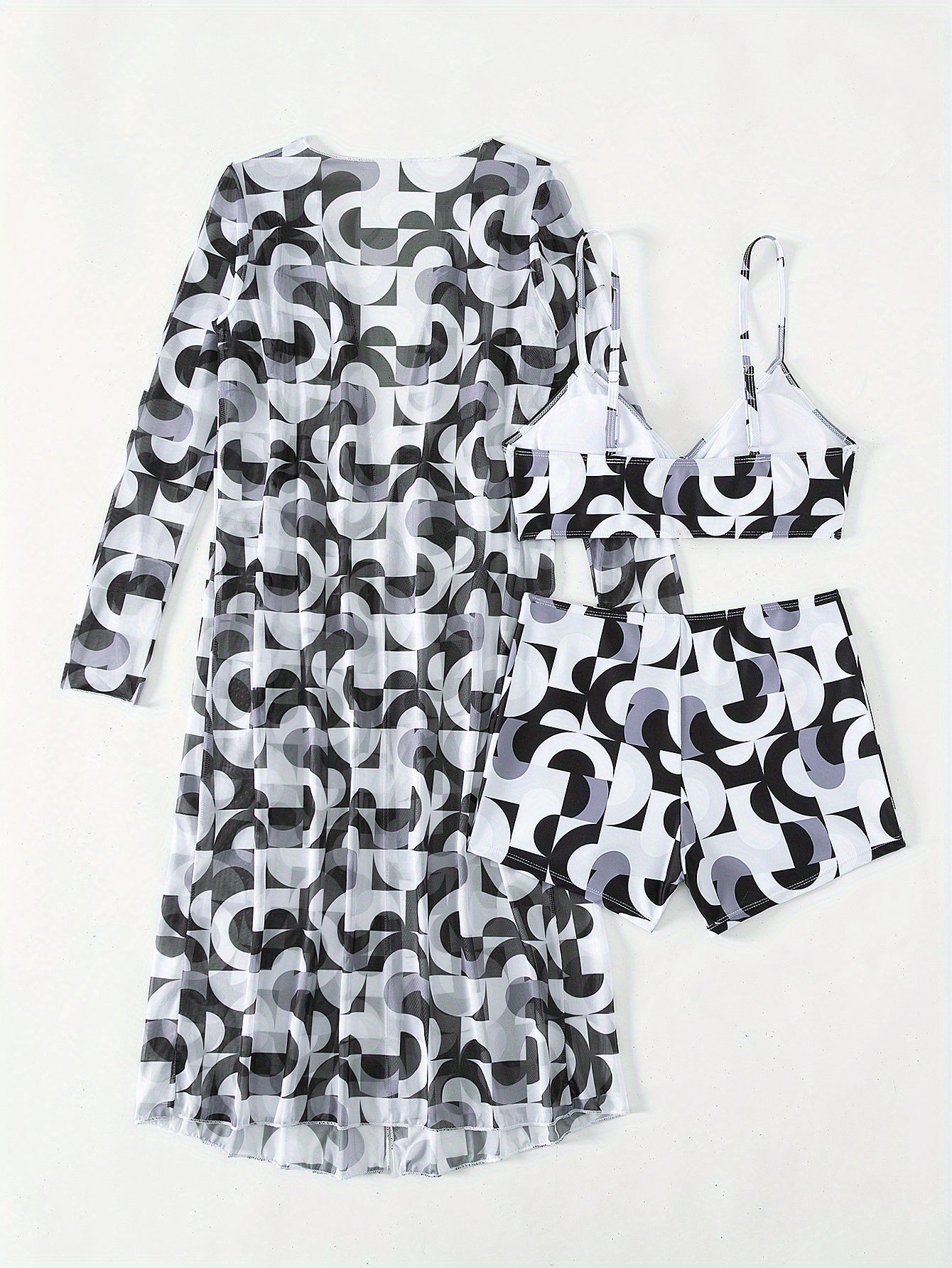 Luxe Lines 3-Piece Geometric Bikini Set for Women – High Rise Drawstring Bikini with Boxer Shorts & Long Sleeve Sheer Kimono Cover-Up – Bold & Breezy Women’s Swimwear for Summer Beach Pool & Getaways