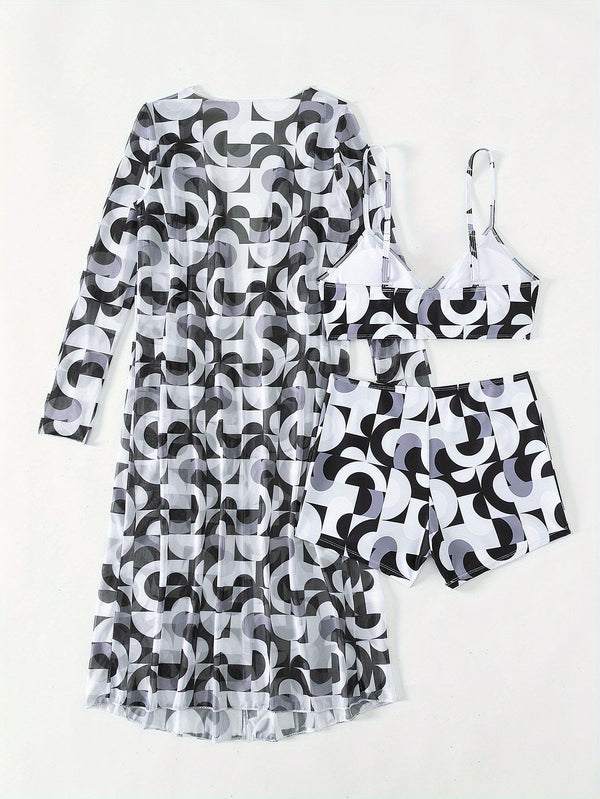 Luxe Lines 3-Piece Geometric Bikini Set for Women – High Rise Drawstring Bikini with Boxer Shorts & Long Sleeve Sheer Kimono Cover-Up – Bold & Breezy Women’s Swimwear for Summer Beach Pool & Getaways