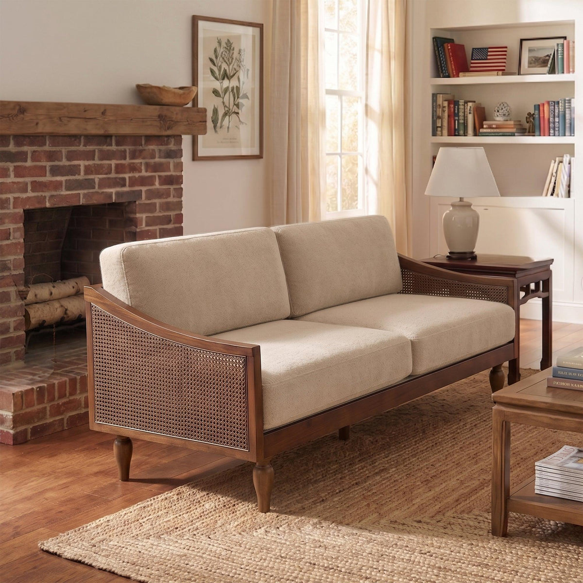 Modern Light Brown Chenille 3-Seater Sofa with Solid Wood Frame & Rattan Arms