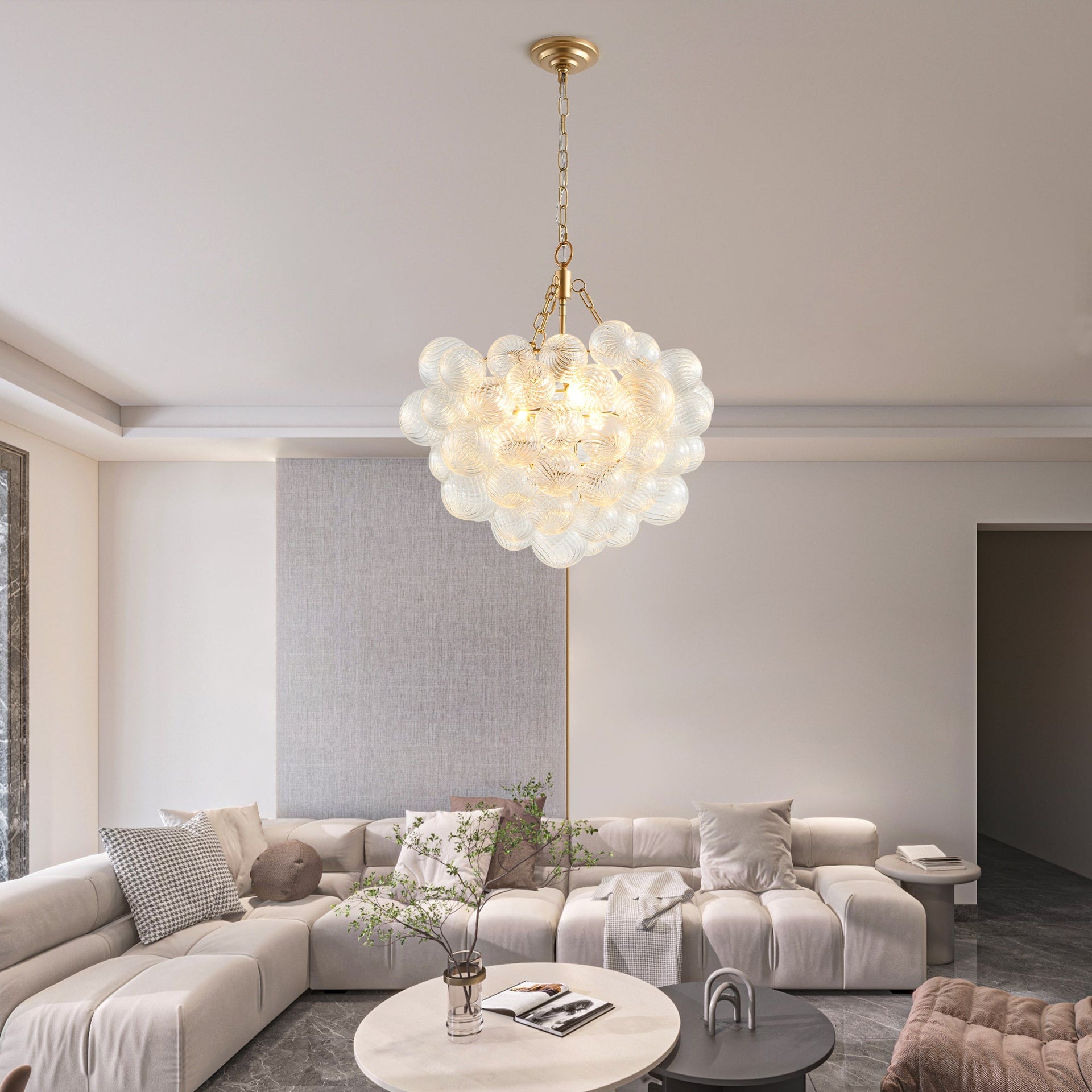 Gold Pendant Chandelier with Threaded Clear Glass Globe Shade for Living, Dining & Kitchen
