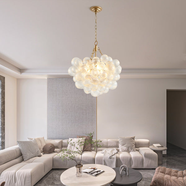 Gold Pendant Chandelier with Threaded Clear Glass Globe Shade for Living, Dining & Kitchen