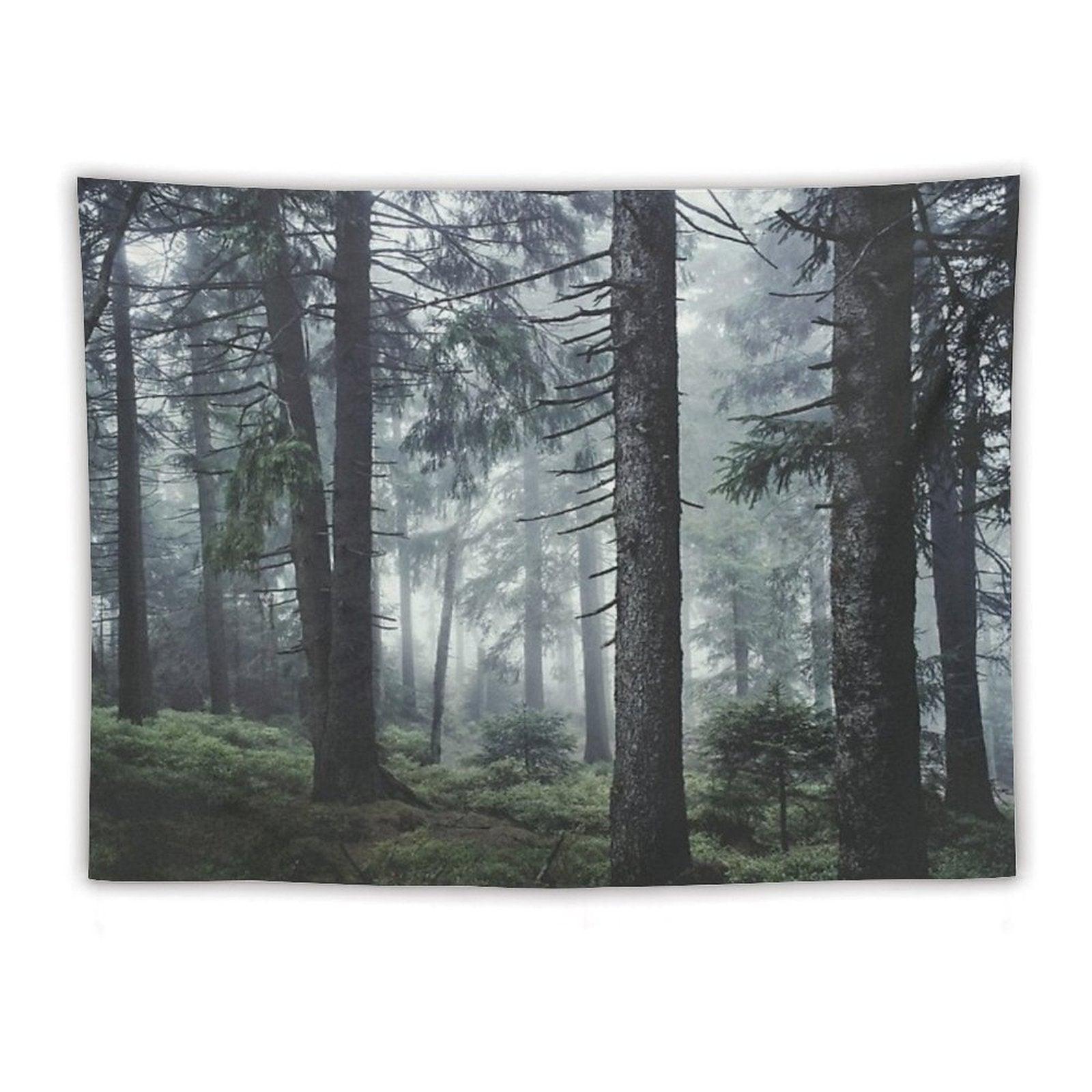 Path Vibes  Wild Romantic Misty Retro Fall Wilderness Fairytale Forest With Cascadia Trees Covered In Magic Blue Fog Season Tapestry