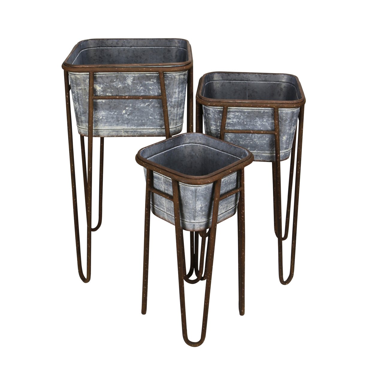 Set of Three Square Cothern Metal Bins Planter with Stands
