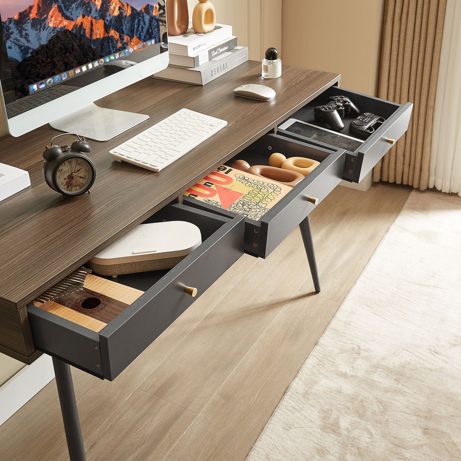 Mid Century Desk , Modern Writing Study Desk with Drawers, Multifunctional Home Office Computer Desk Walnut+Dark Grey