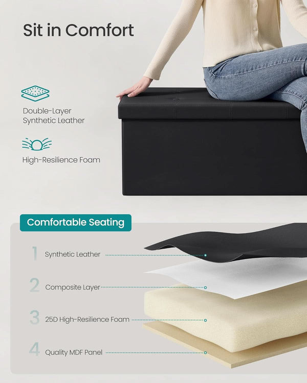 43 Inch Folding Storage Ottoman Black Synthetic Leather