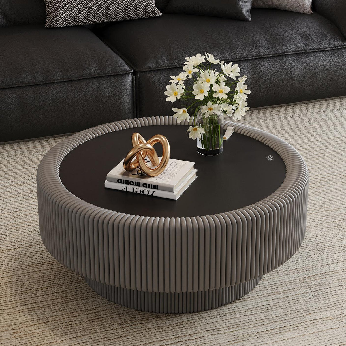 Modern Round Coffee Table with Tempered Glass, Storage – Fluted Leather Design