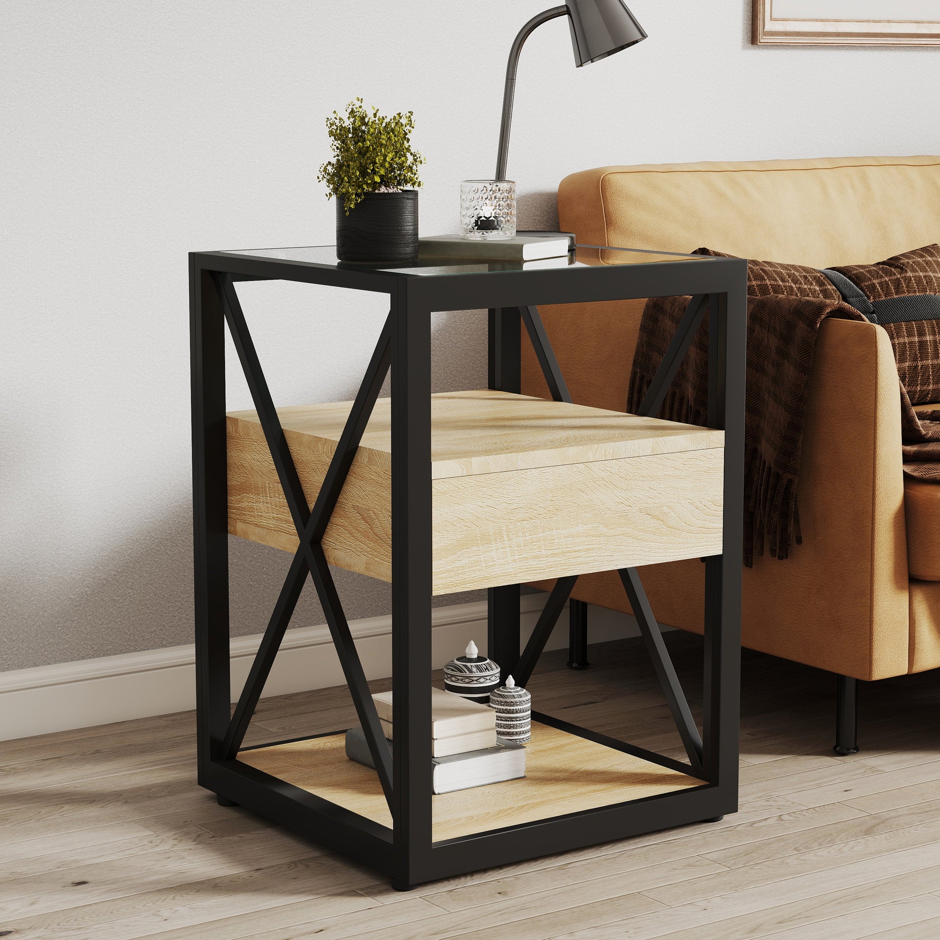 Modern End Table with Drawer - Nightstand for Bedroom & Living Room