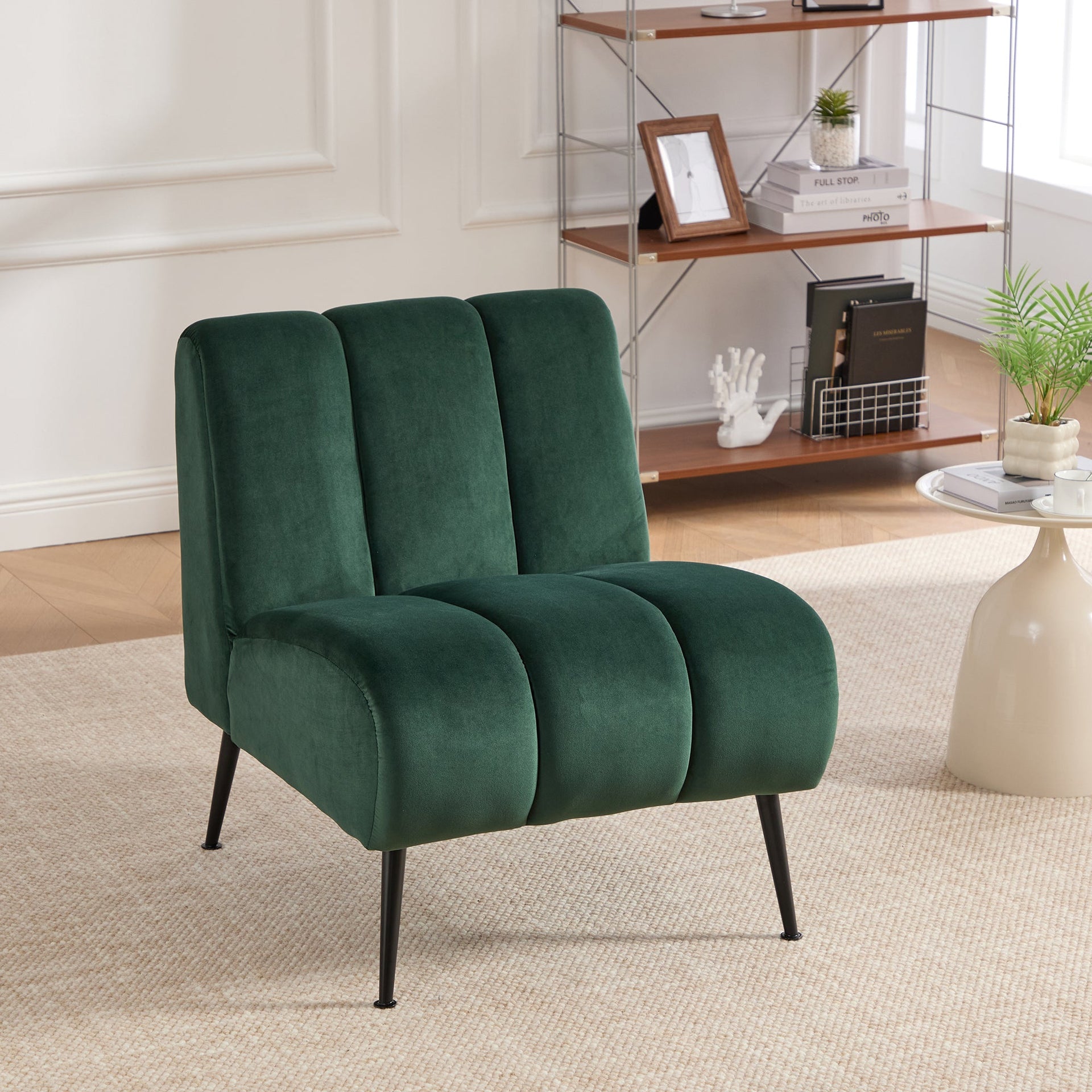 Modern Green Velvet Armless Accent Chair with Black Metal Legs