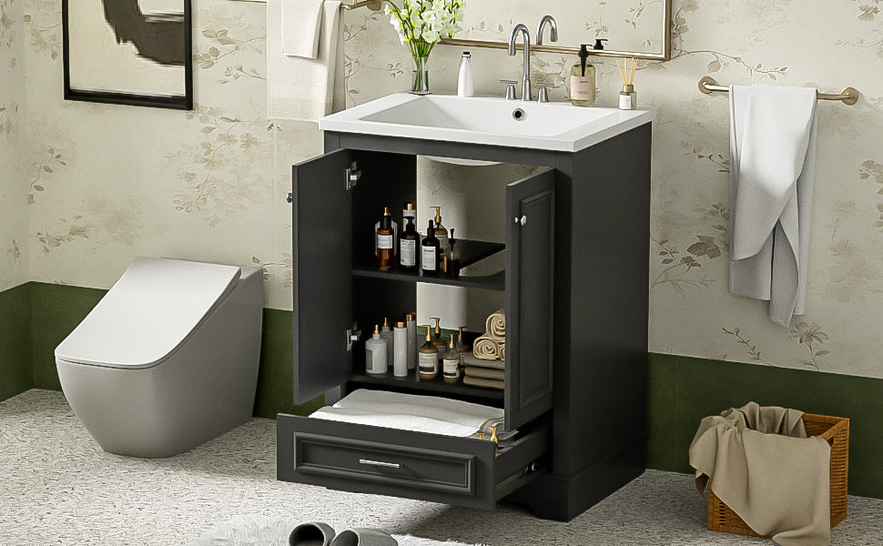 Bathroom Vanity with Ceramic Sink and Modern Freestanding Storage Cabinet, Soft-Close Doors