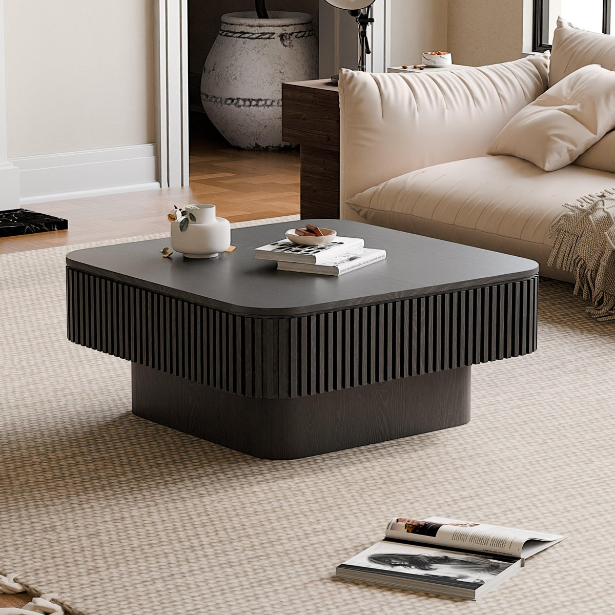 Modern Black Square Coffee Table with Hidden Storage
