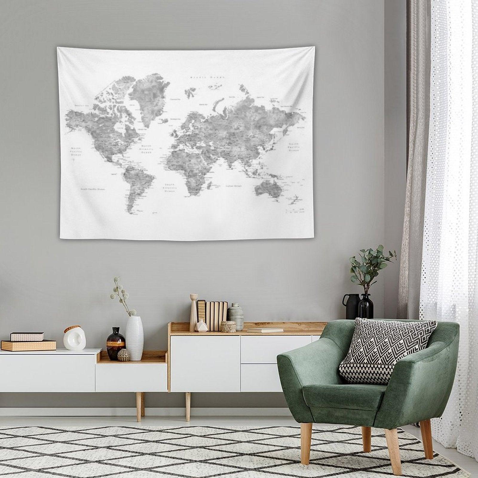 Grayscale Watercolor World Map with Cities Tapestry