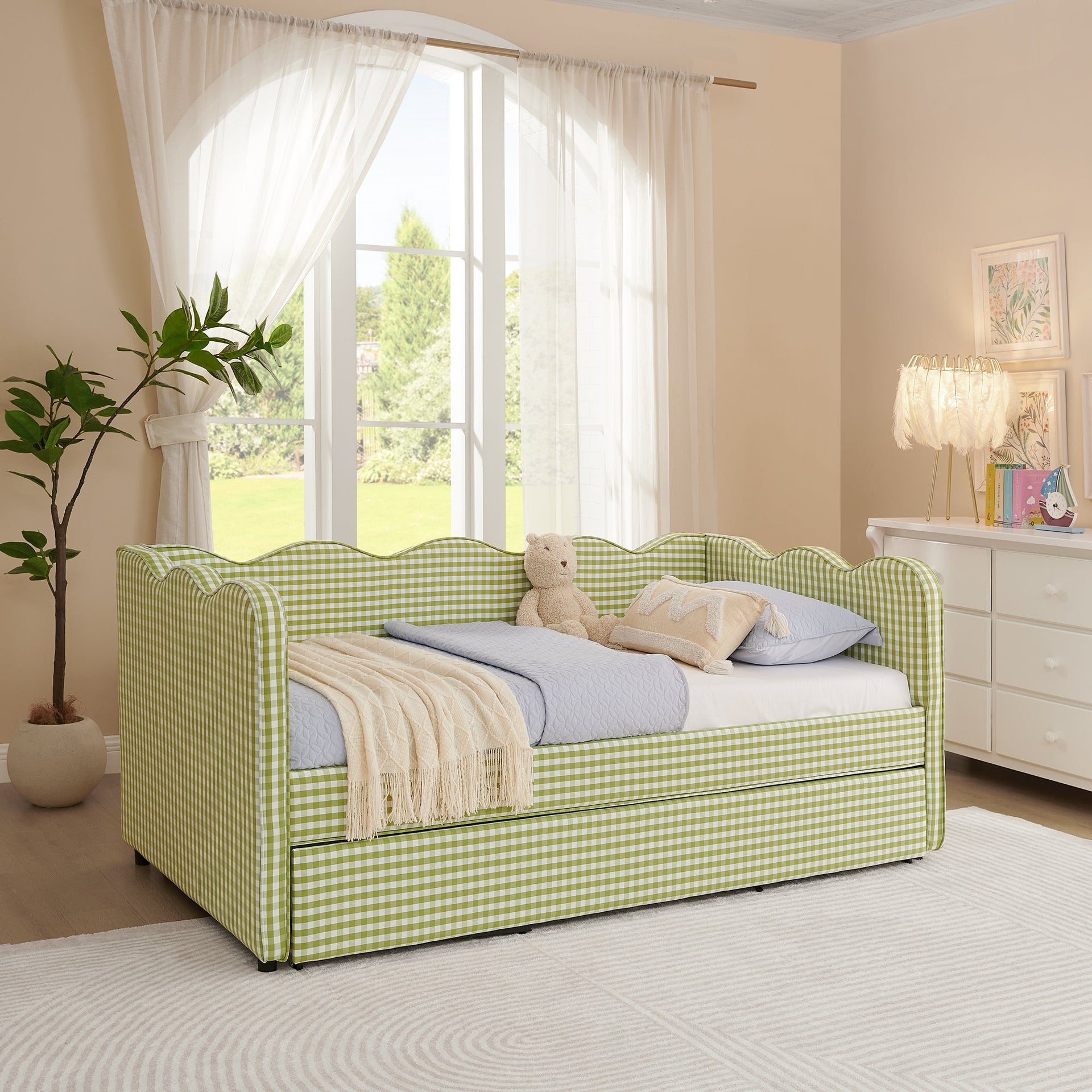 Cozy Gingham Daybed with Trundle - Twin Size Sofa Bed