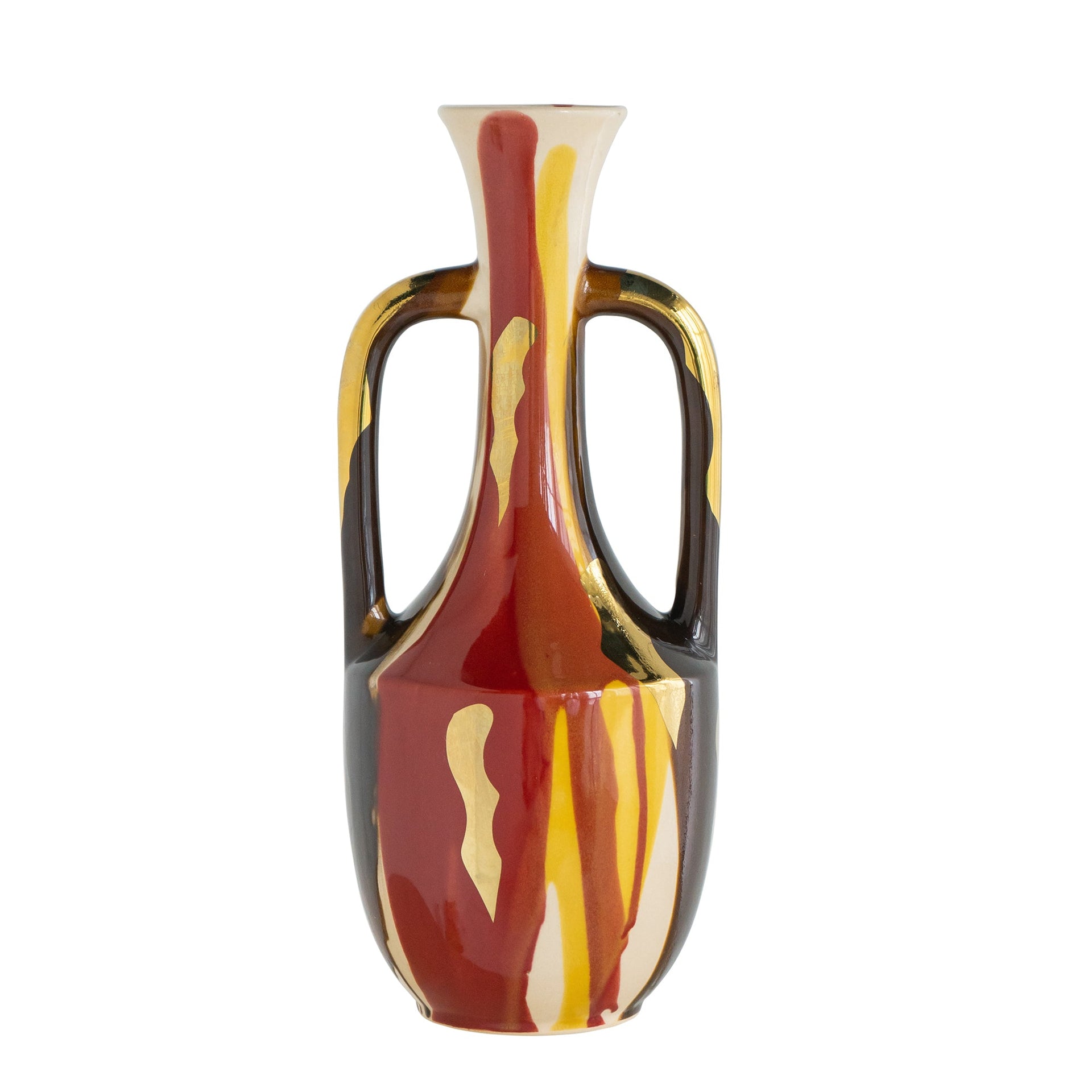 6.8x6.8x16.9' Curved Ceramic Vase with Handles and Abstract Multicolored Finish