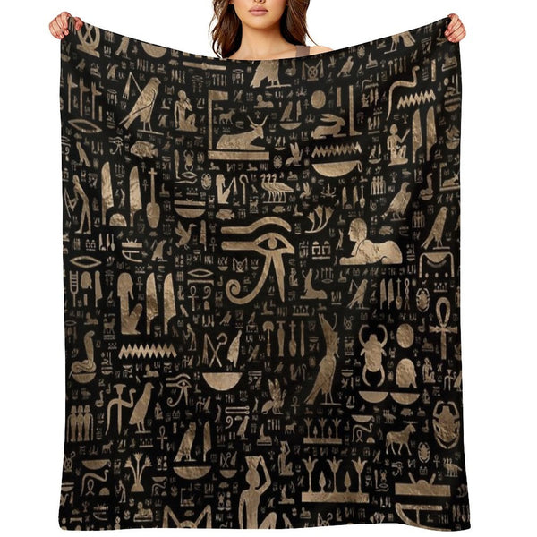 Ancient Egyptian Hieroglyphs - Black And Gold Quick-dry Throw Blanket