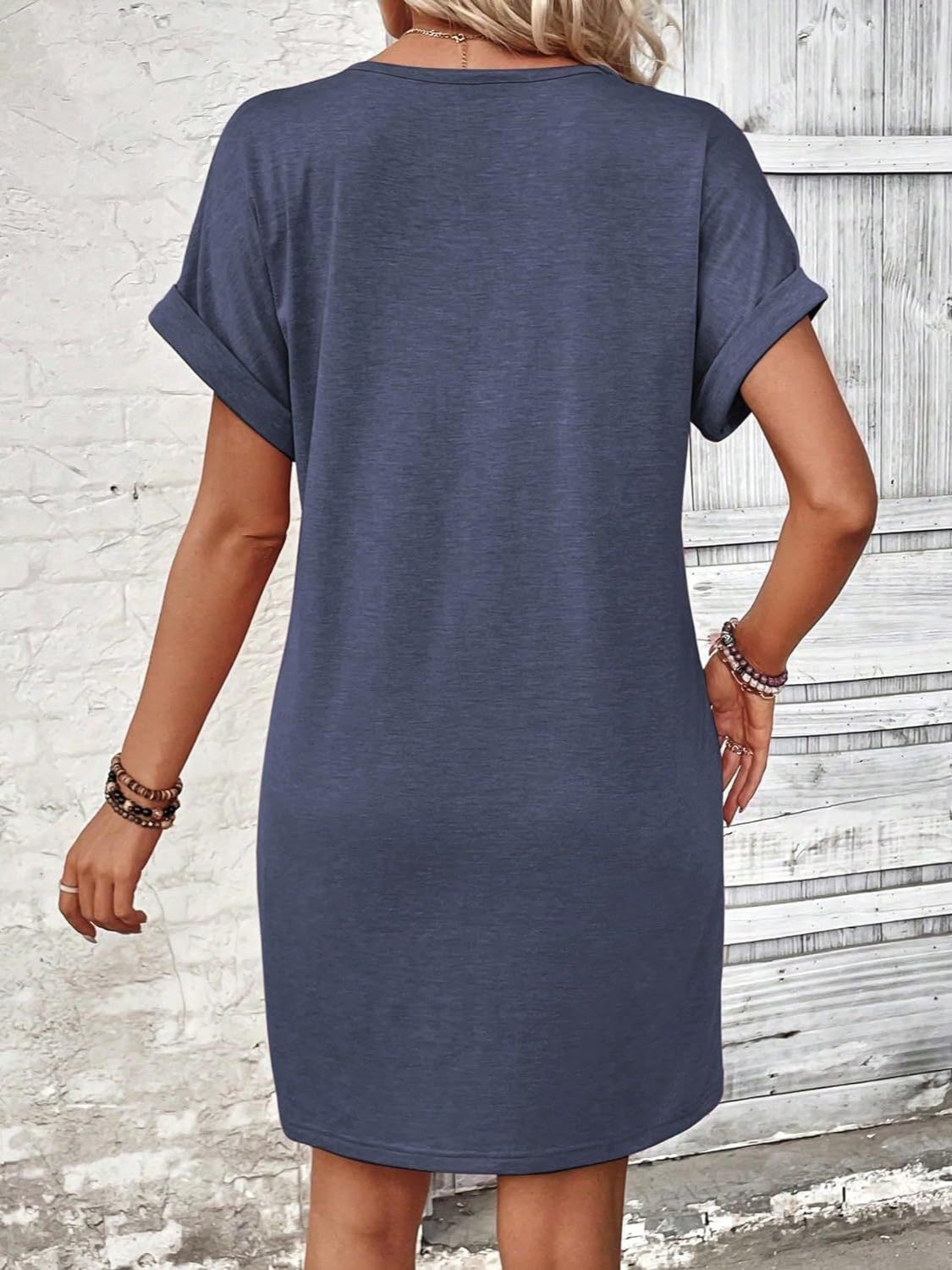 Elegant Button V-Neck Short Sleeve Dress Flattering Casual & Office Wear Simple Dress