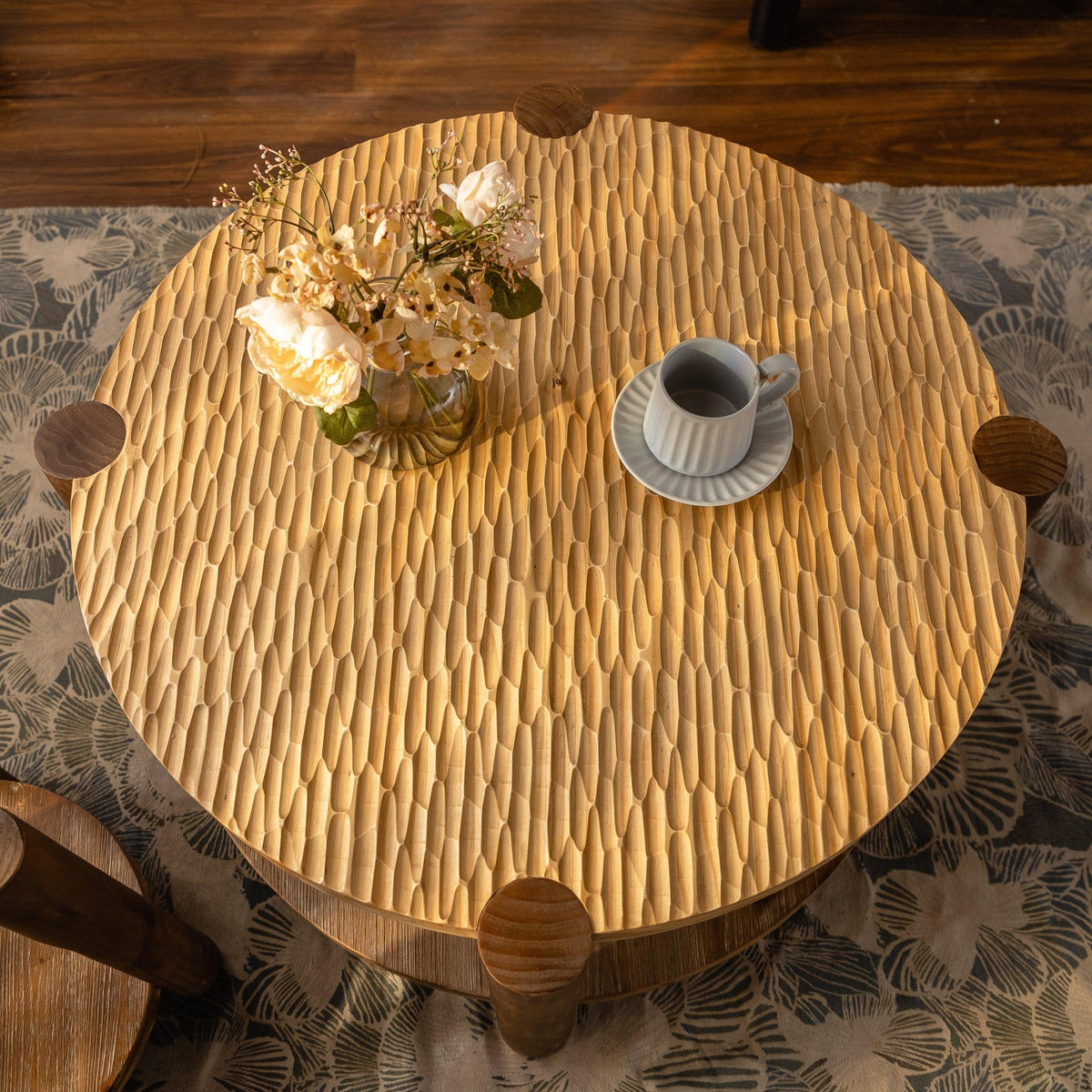 Round Natural Wood Coffee Table with 2-Tier Storage Shelf for Living Room