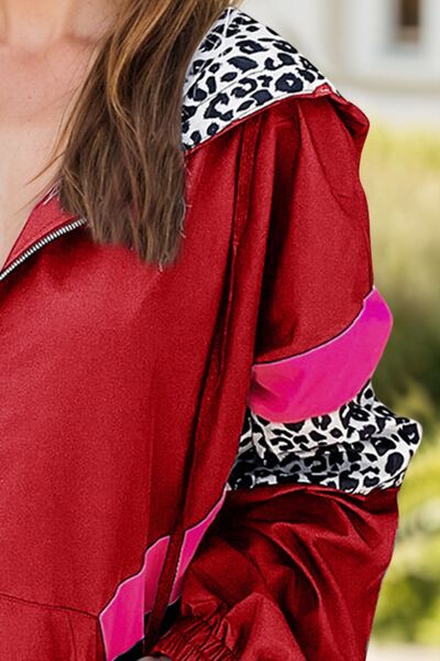 Colorful Women's Leopard Print Zip-Up Hooded Jacket Trendy Long Sleeve Outerwear with Pockets