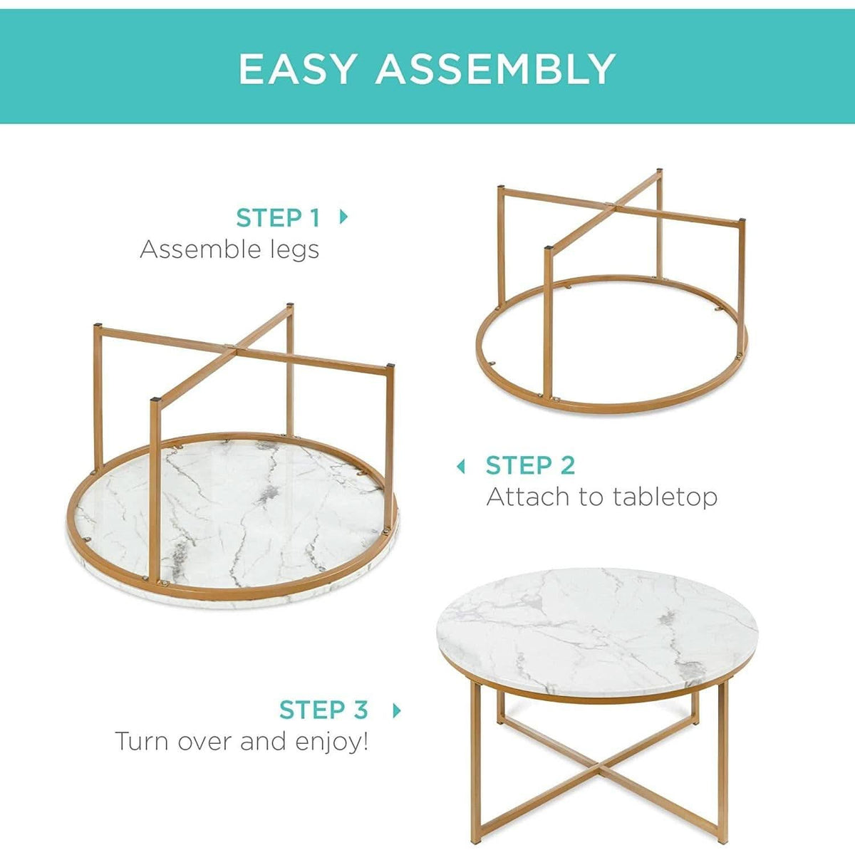 Round Coffee Table With Faux Marble Top Cross Leg Design