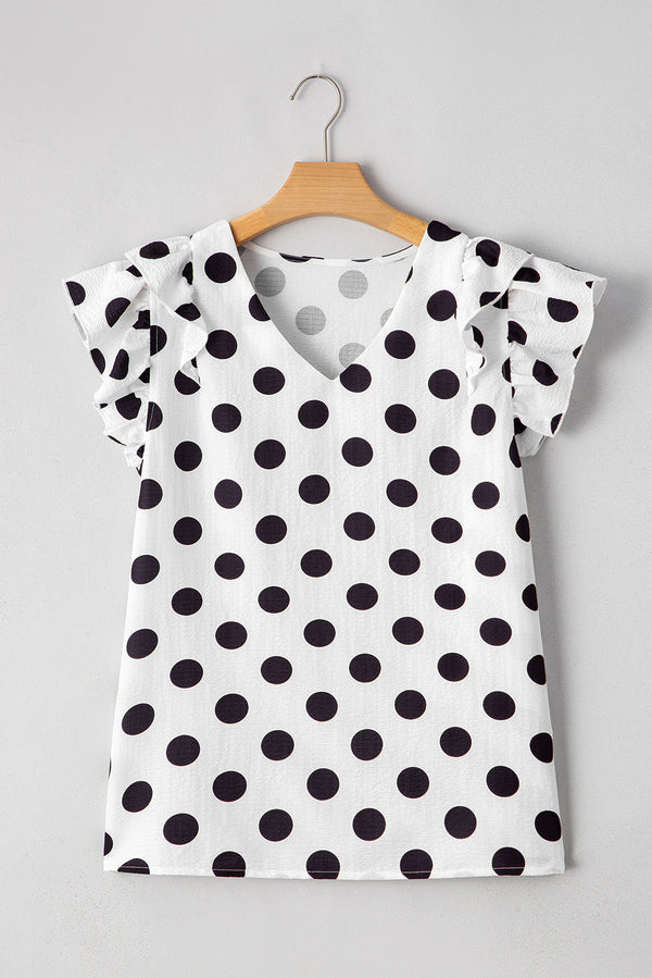 Halo Polka Dot Ruffled Sleeve V Neck Blouse
