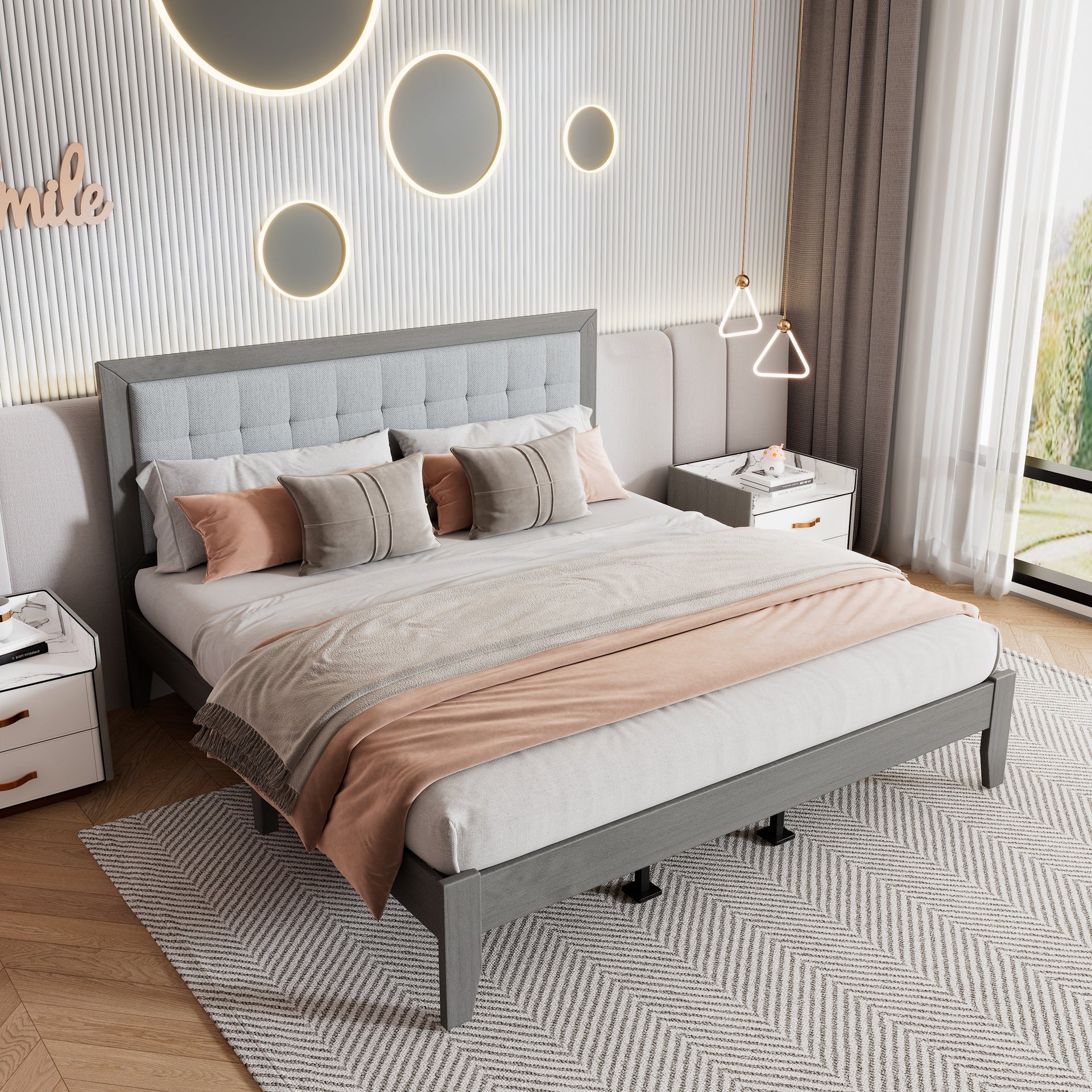 Solid Wood Platform Upholstered Headboard King Bed