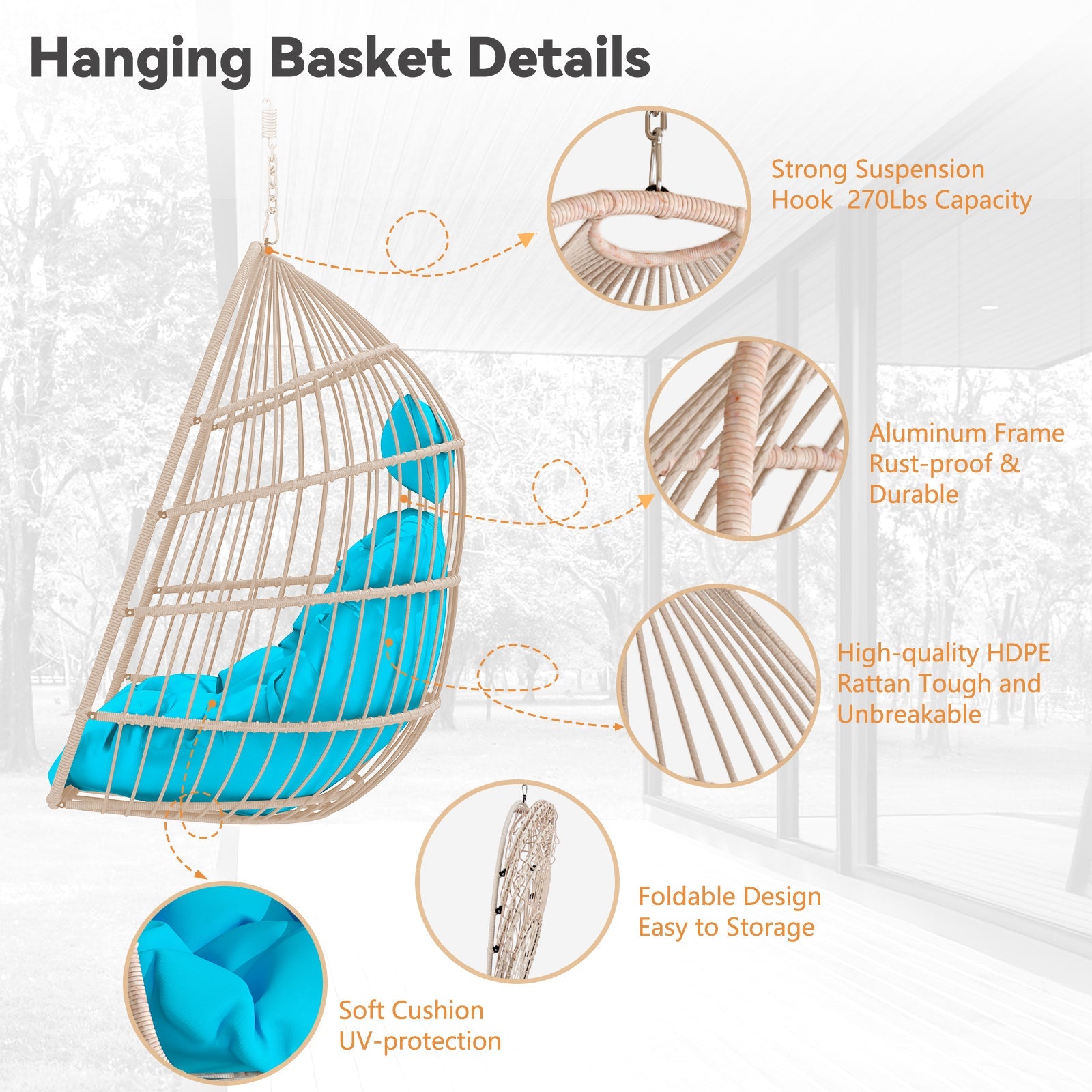 Outdoor Garden Rattan Egg Swing Hanging Chair PE Wicker Hanging Chair for Outdoor Patio