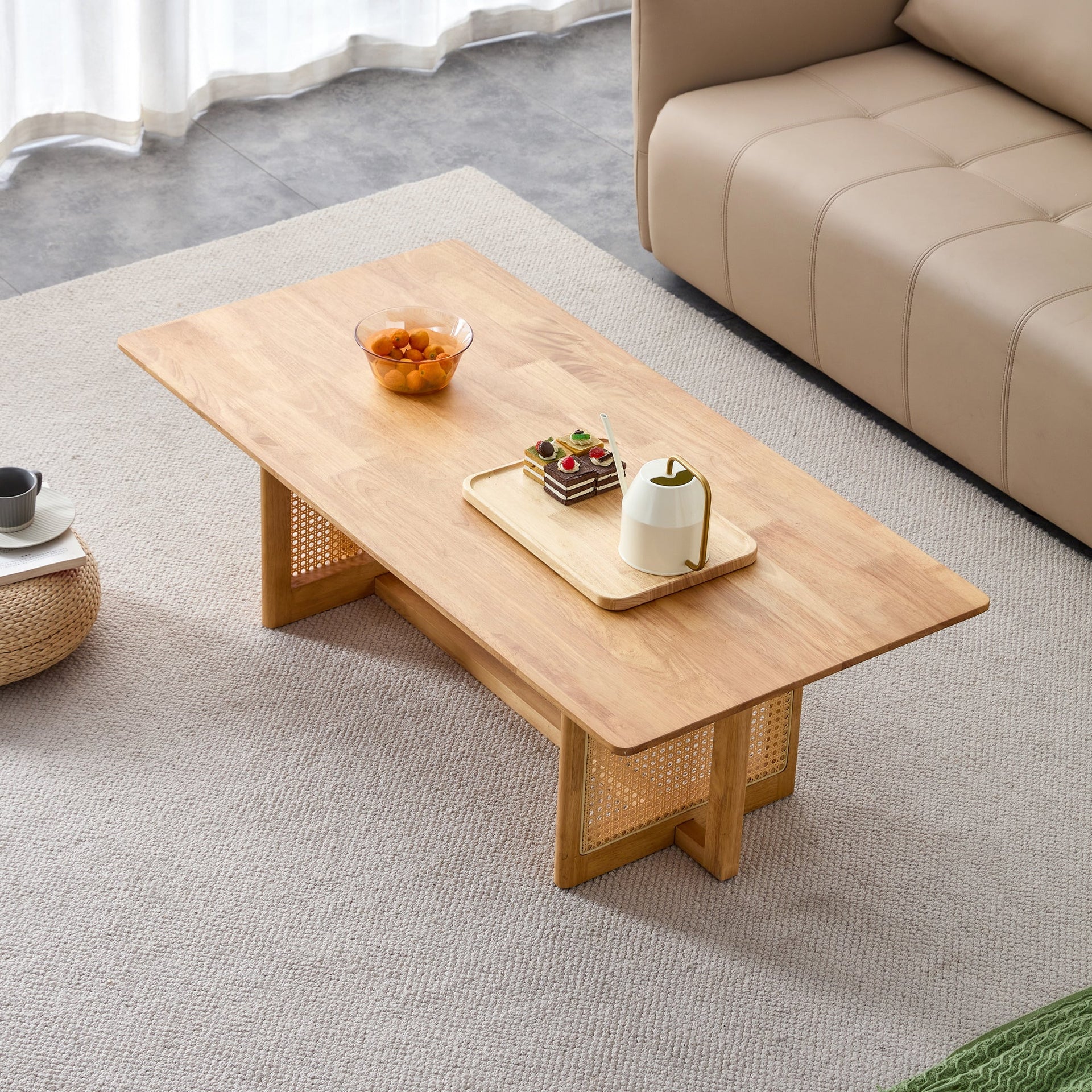 Natural Rubberwood and Solid Wood Coffee Table with Rattan Weave, Modern Minimalist