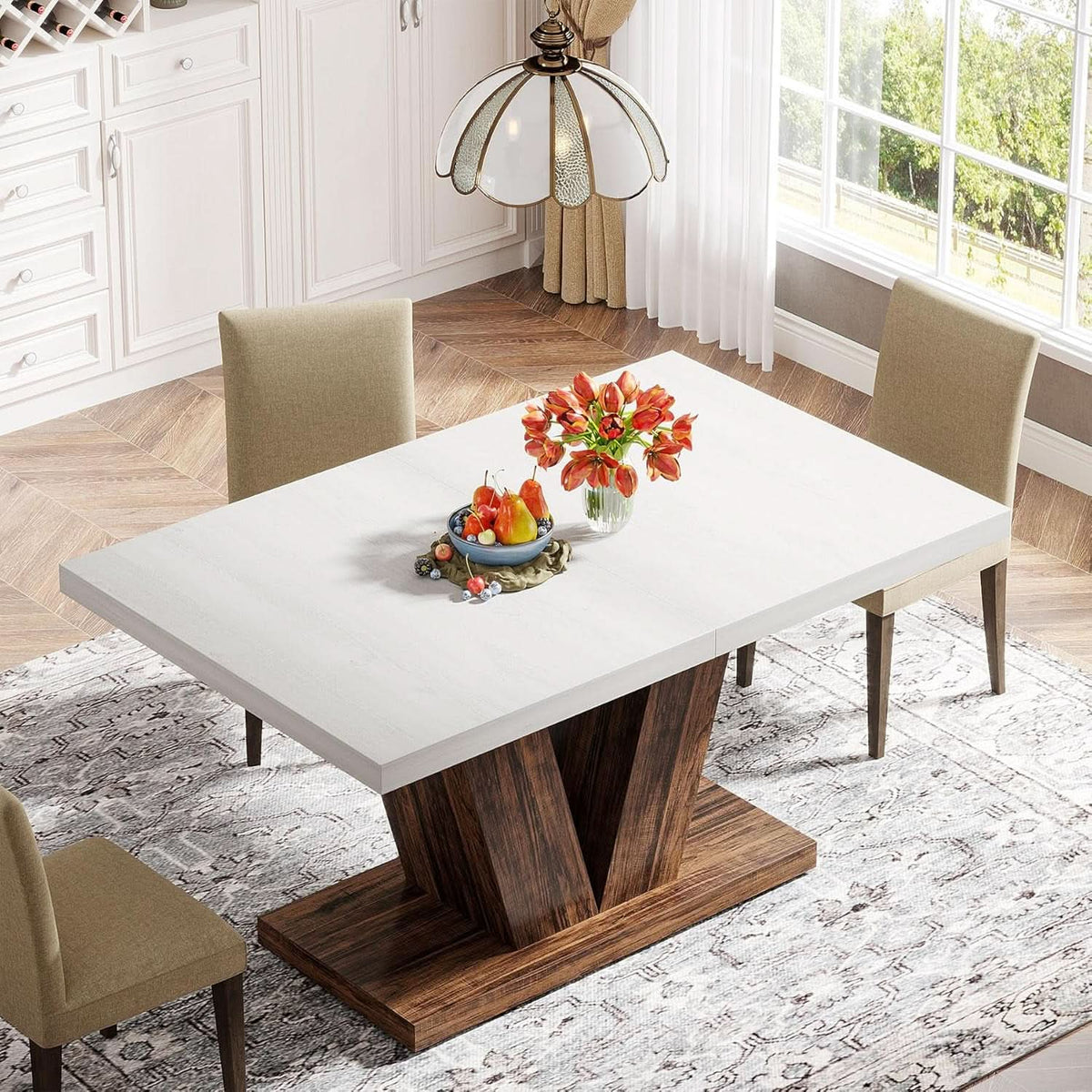 47 Inch White Oak Dining Table With Heavy Pedestal Base