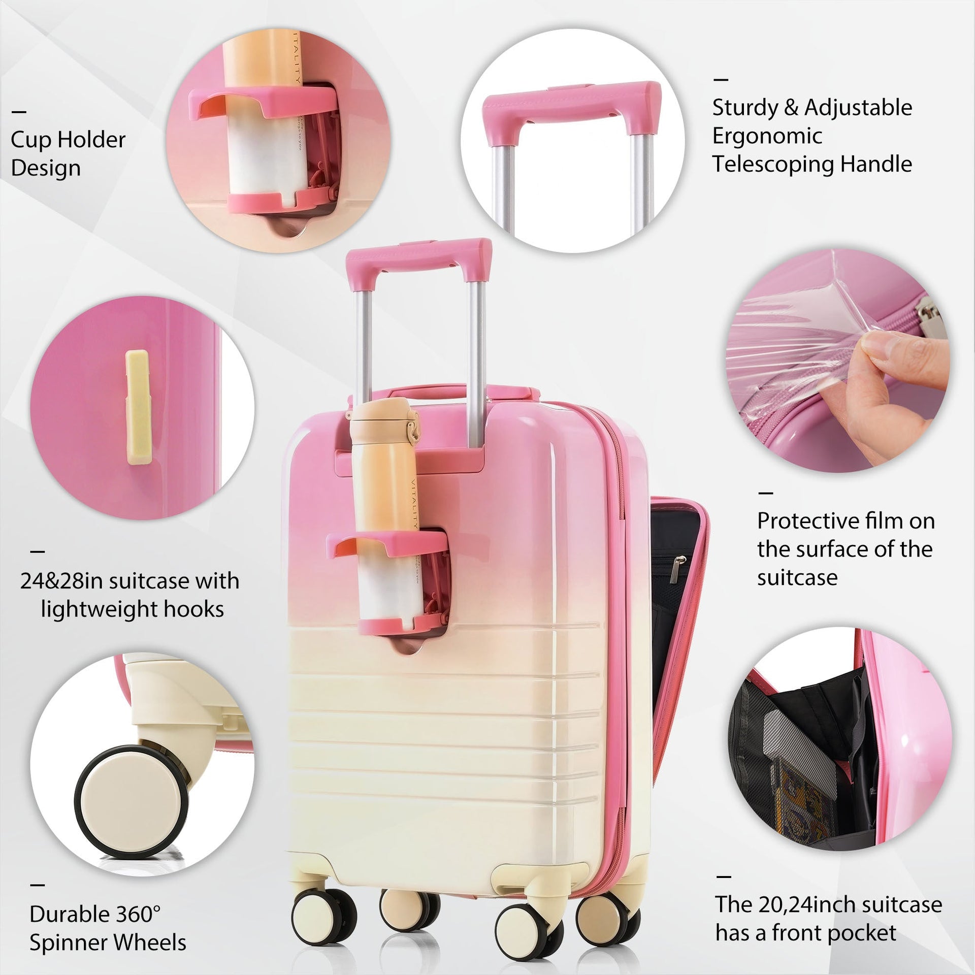 Luggage Set of 4 with USB Port, 20, 24inch with front opening design Airline Certified Carry on Luggage with Cup Holder, ABS+PC Hard Shell Luggage with Expandable Travel Bag, pink