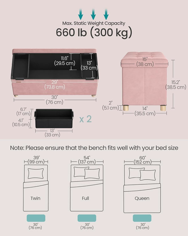 Jelly Pink Velvet Storage Ottoman Bench 15x30 Inches