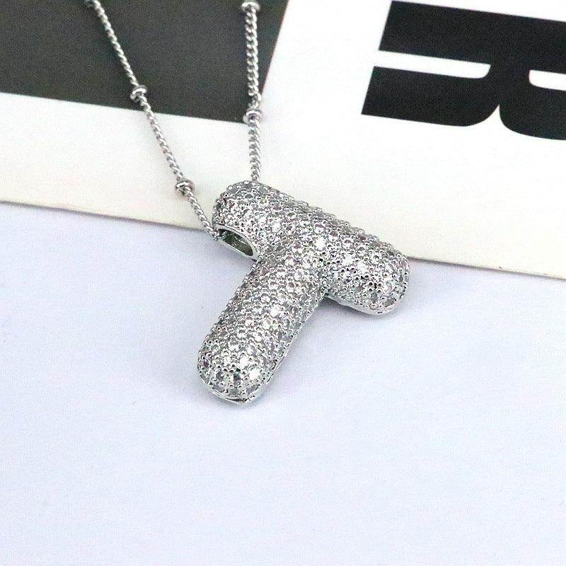Copper Inlaid Zircon Letter Pendant Necklace for Women