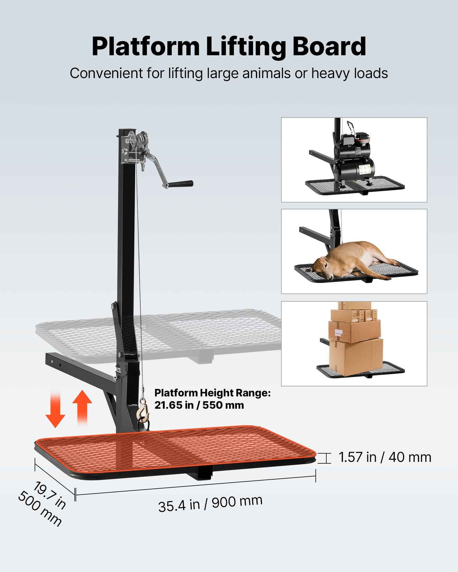 Hitch Deer Hoist With Lifting System Platform, 300 Lbs Load Capacity, Game Hoist Winch Lift With 2-inch Receiver, 360-Degree Swivel Shaft & Foldable, Hitch-Mounted Deer Hanger For Moving Game