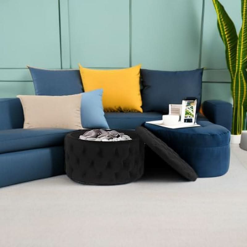 Twenty EightInch Velvety Round Storage Ottoman Black Tufted