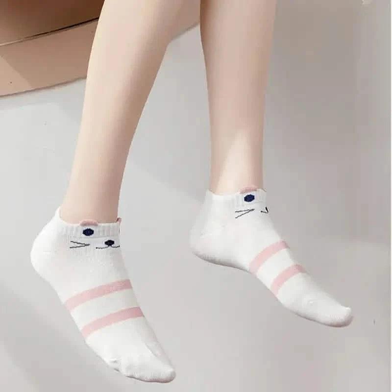5-Pairs: Pink Kitty Crew Socks
