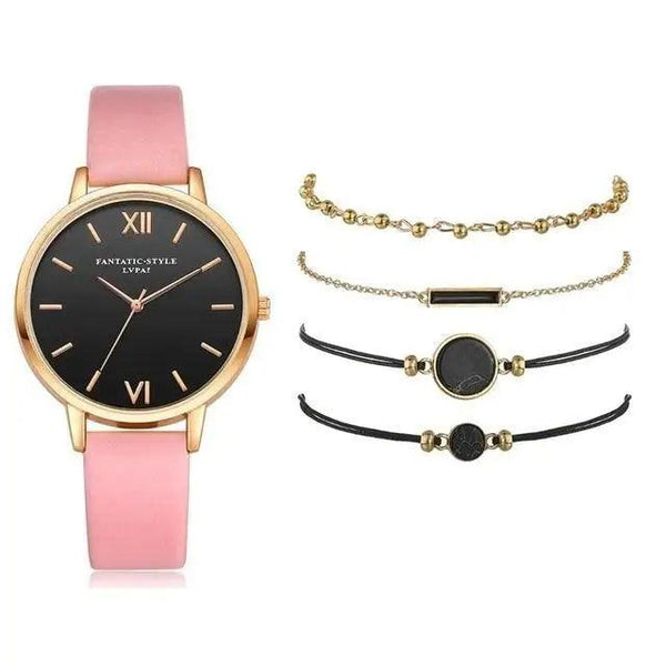 5Pcs Elegant Stylish Buckle Quartz Wrist Watch Set - Fashion Watches For Women and Girls