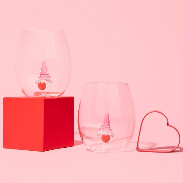 3D Gnome Heart Stemless Wine Glasses Jersey Art Glass