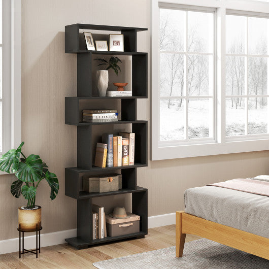 6-Tier Geometric Bookshelf with 2 Anti-Tipping Kits for Home Office-Black