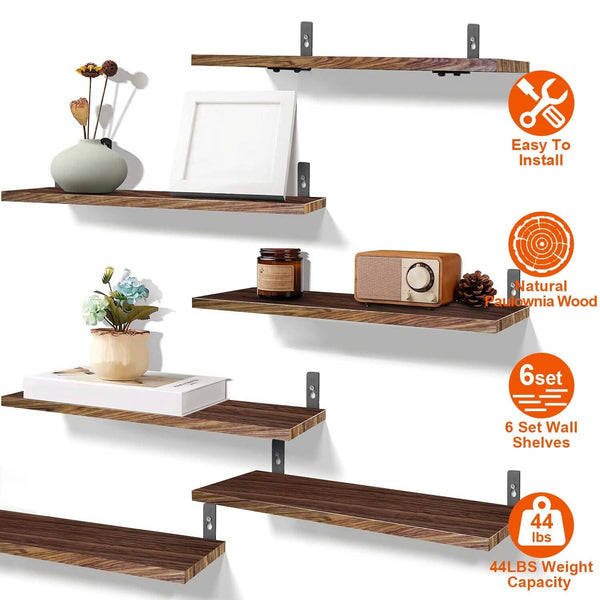 6-Piece Set: Wall Mounted Shelve Wood Storage Metal Bracket Display