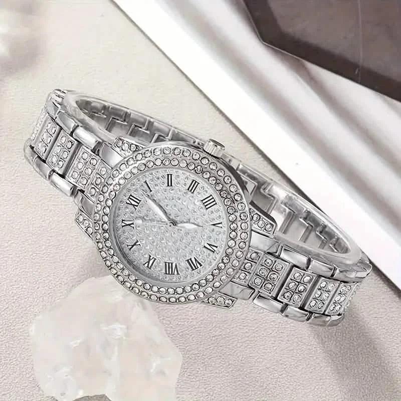 6-Pieces: Elegant Women's Jewelry Set with Quartz Roman Numerals Watch