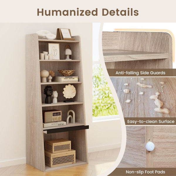 6-Tier Bookcase Freestanding Ladder Bookshelf with 2 Adjustable Shelves and Flip Up Door