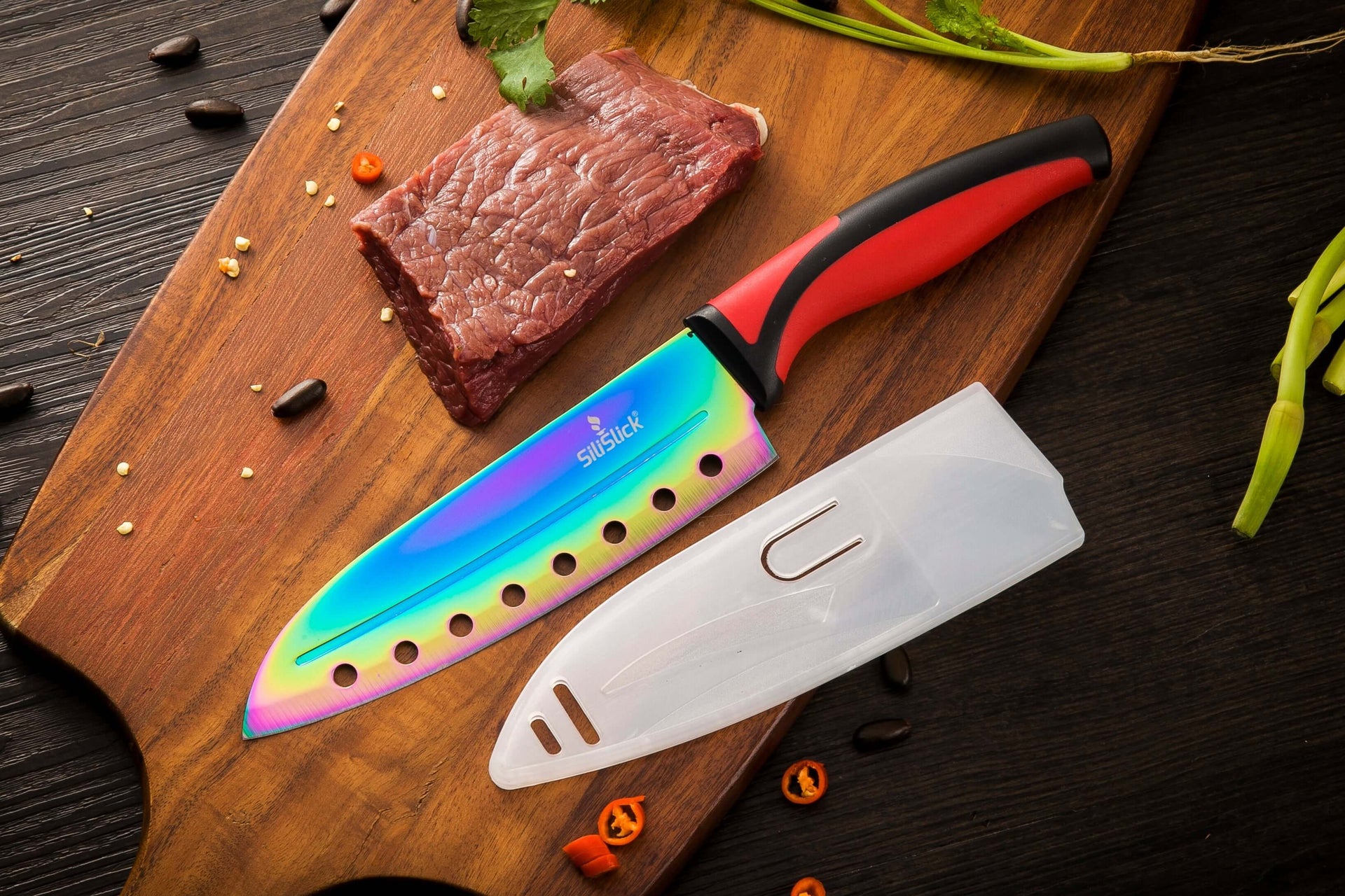 Kitchen Knife Set Kit | Red Handle & Black Magnetic Rack