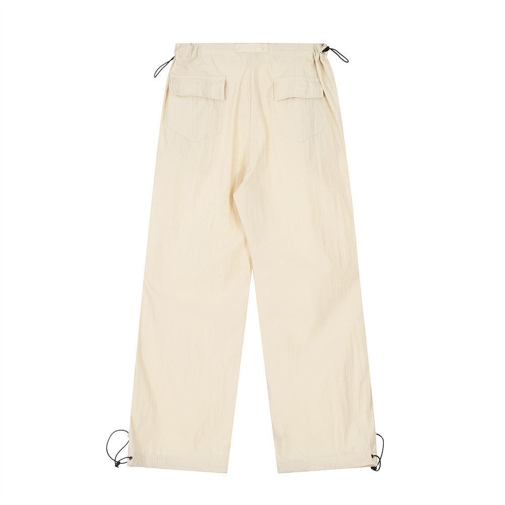 Wrinkled Casual Straight Cargo Pants Men's American Loose Solid Color Thin Sports Drawstring Cuffed Long Trousers
