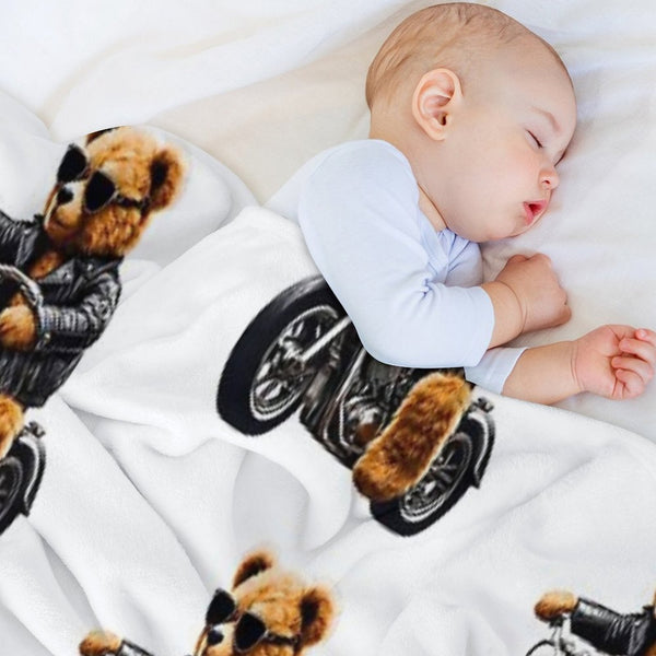 Cool Biker Teddy Bear on Motorcycle - Fun And Cute Plush Design Durable Throw Blanket