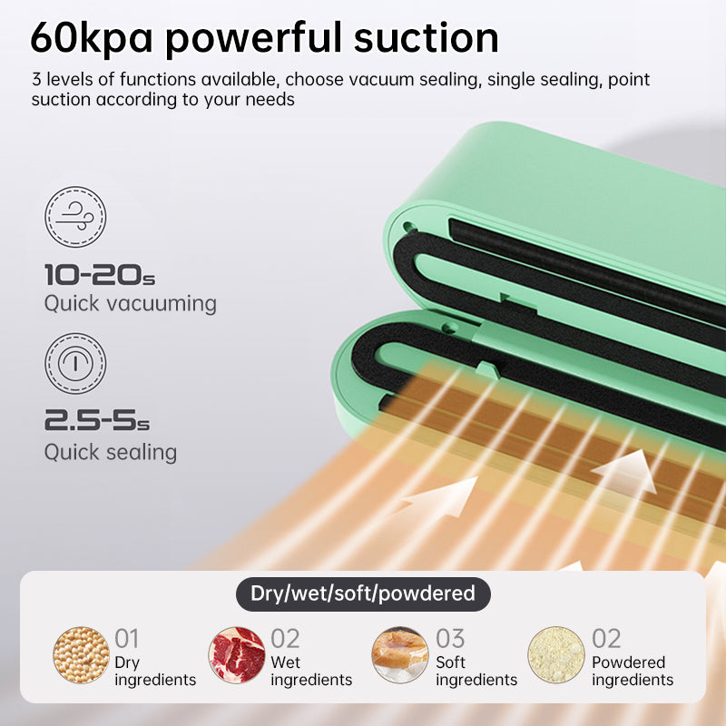 Beige cordless 3 - in - 1 food sealer. For dry/moist food, 4 bags. Seals chip bags, inflates items.