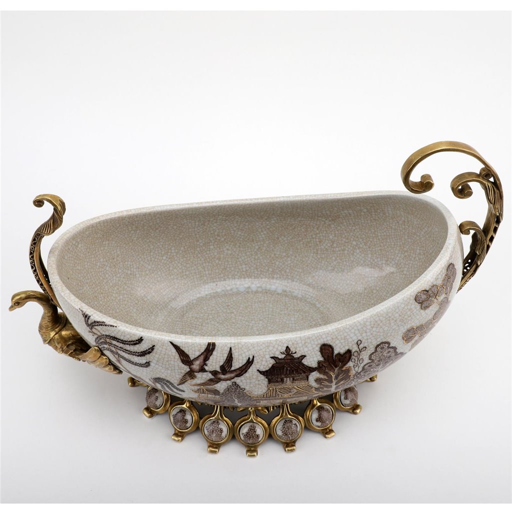 Porcelain Village Pattern Boat Shaped Basin With Swan Figure With Bronze Ormolu L366