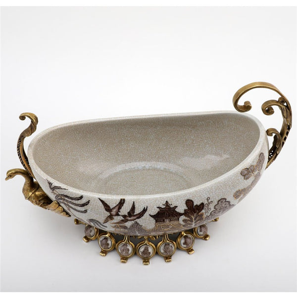 Porcelain Village Pattern Boat Shaped Basin With Swan Figure With Bronze Ormolu L366