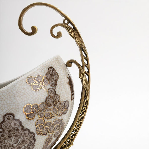 Porcelain Village Pattern Boat Shaped Basin With Swan Figure With Bronze Ormolu L366