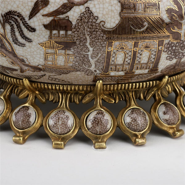 Porcelain Village Pattern Boat Shaped Basin With Swan Figure With Bronze Ormolu L366