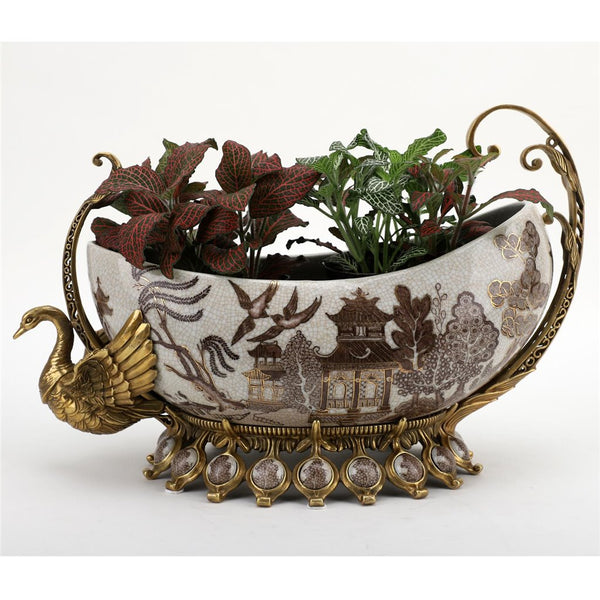 Porcelain Village Pattern Boat Shaped Basin With Swan Figure With Bronze Ormolu L366