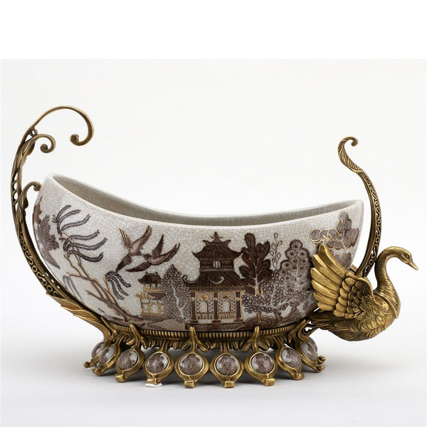 Porcelain Village Pattern Boat Shaped Basin With Swan Figure With Bronze Ormolu L366
