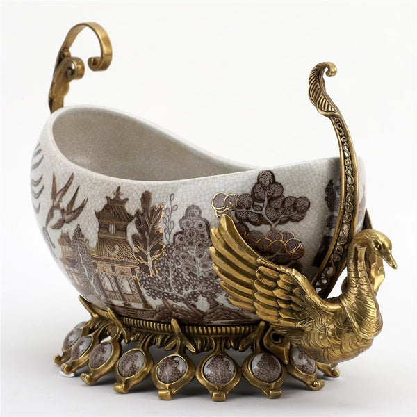 Porcelain Village Pattern Boat Shaped Basin With Swan Figure With Bronze Ormolu L366